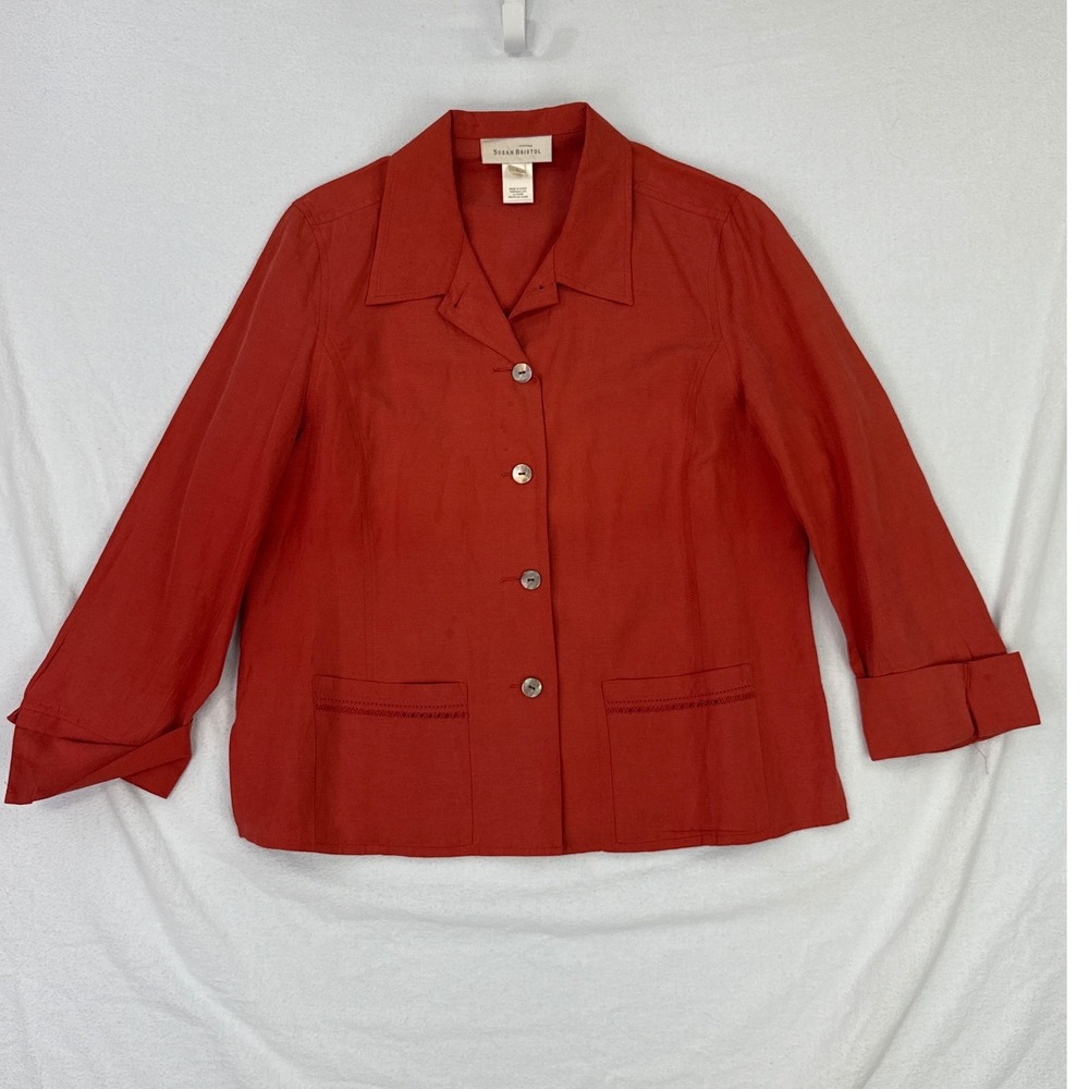Susan Bristol Womens Red Orange Silk Linen Blouse,‎ Shirt Top L